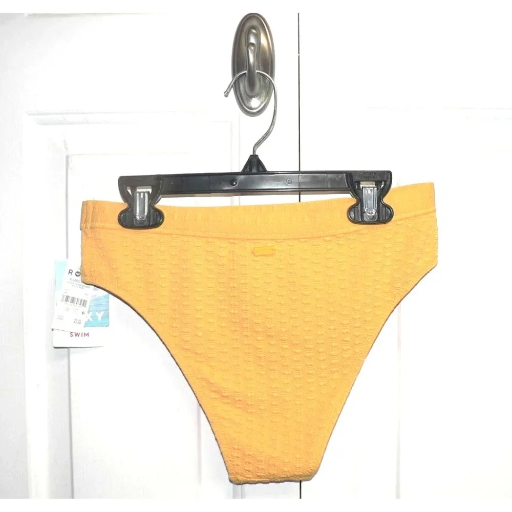 Roxy Haleiwa Banded High Waisted Textured Logo Bikini Bottom in Golden Rod Small